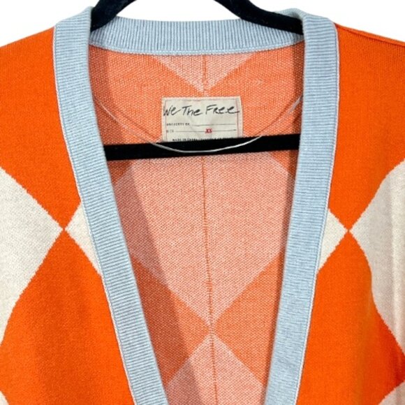 We The Free People Manny Checkered Oversized Cardigan Orange Womens XS Pre-Loved - Picture 3 of 4